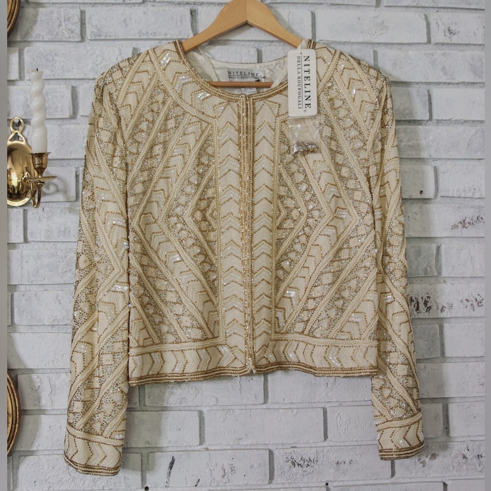 Vintage Niteline By Della Roufogali Beige Embellished Jacket, 100% silk Size XL